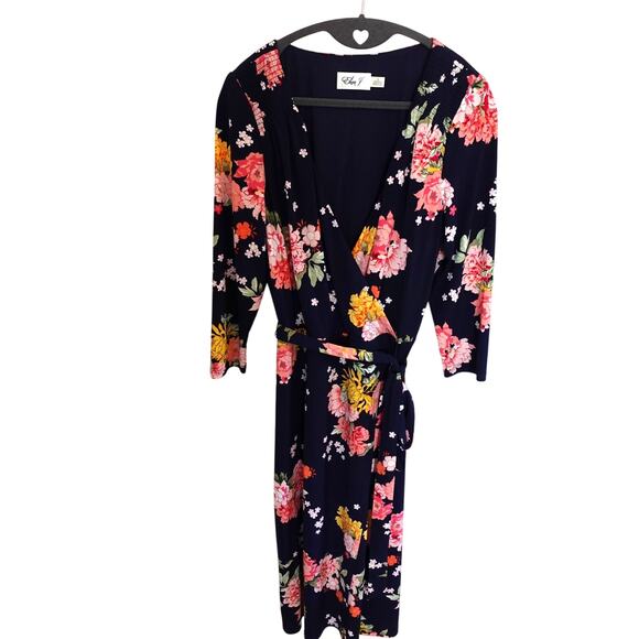 Eliza J Floral Faux Wrap Dress In Navy Wedding Guest Spring Summer Party Evening - Picture 2 of 11